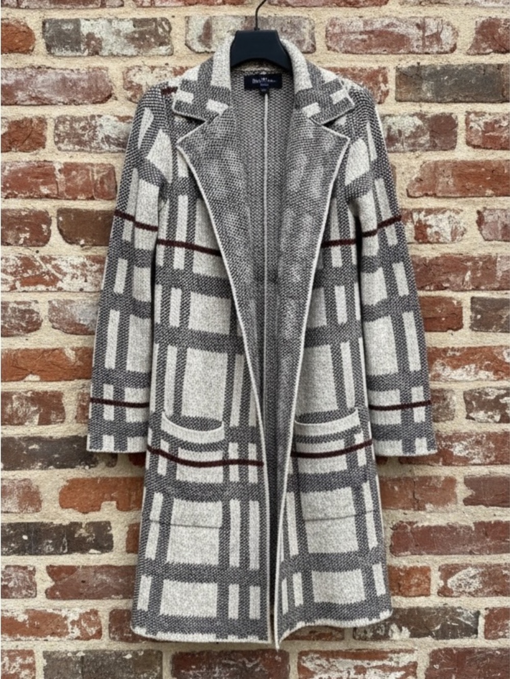 Monteau Los Angeles Gray Plaid Open Front Knit Longline Sweater Jacket Size M